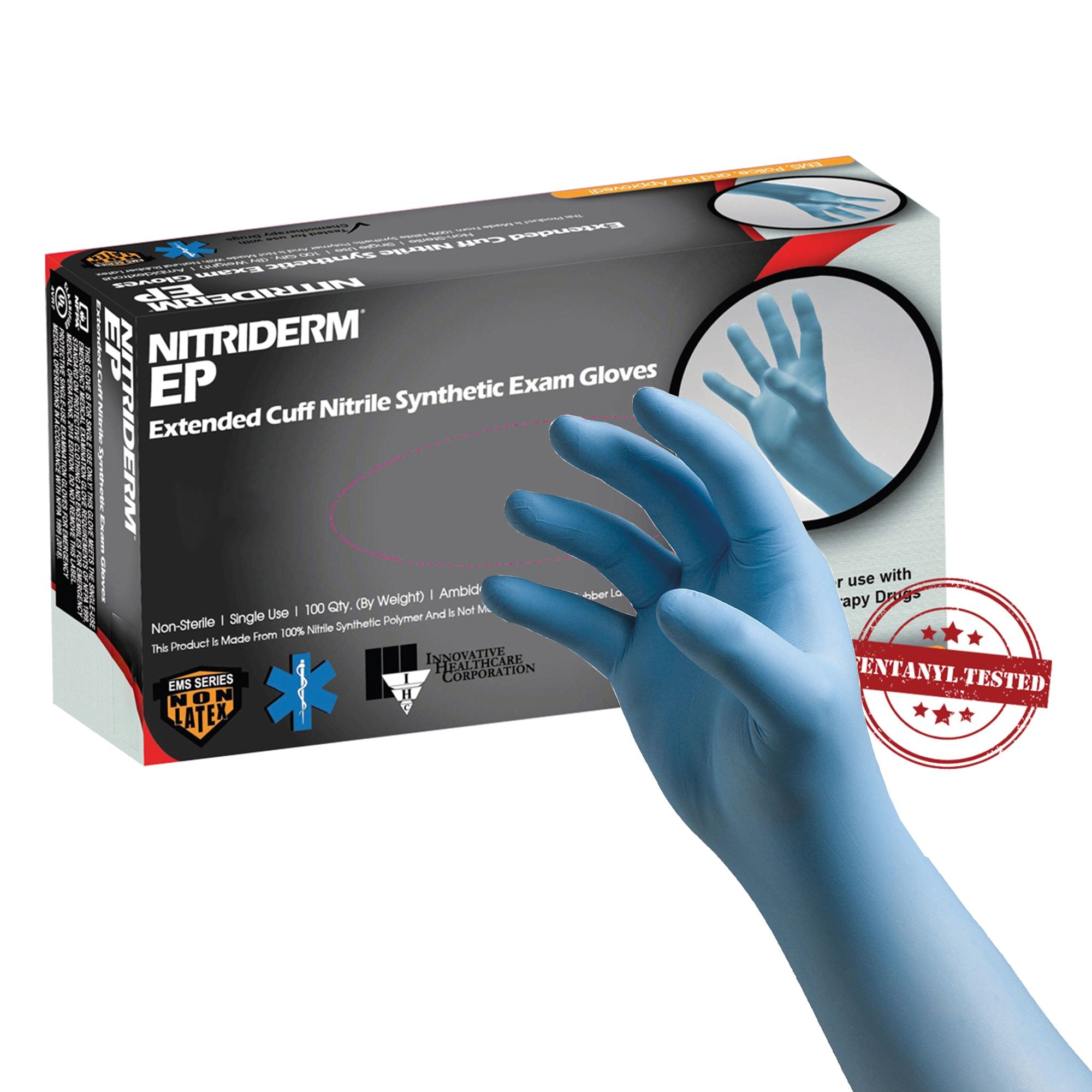 Innovative Healthcare Corp - Exam Glove NitriDerm® EP Small NonSterile Nitrile Extended Cuff Length Fully Textured Blue Chemo Tested / Fentanyl Tested [100/BX]
