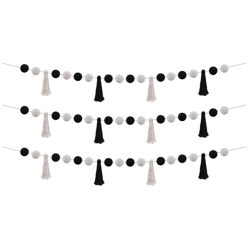 TEACHER CREATED RESOURCES - Black and White Pom-Poms and Tassels Garland, Pack of 3
