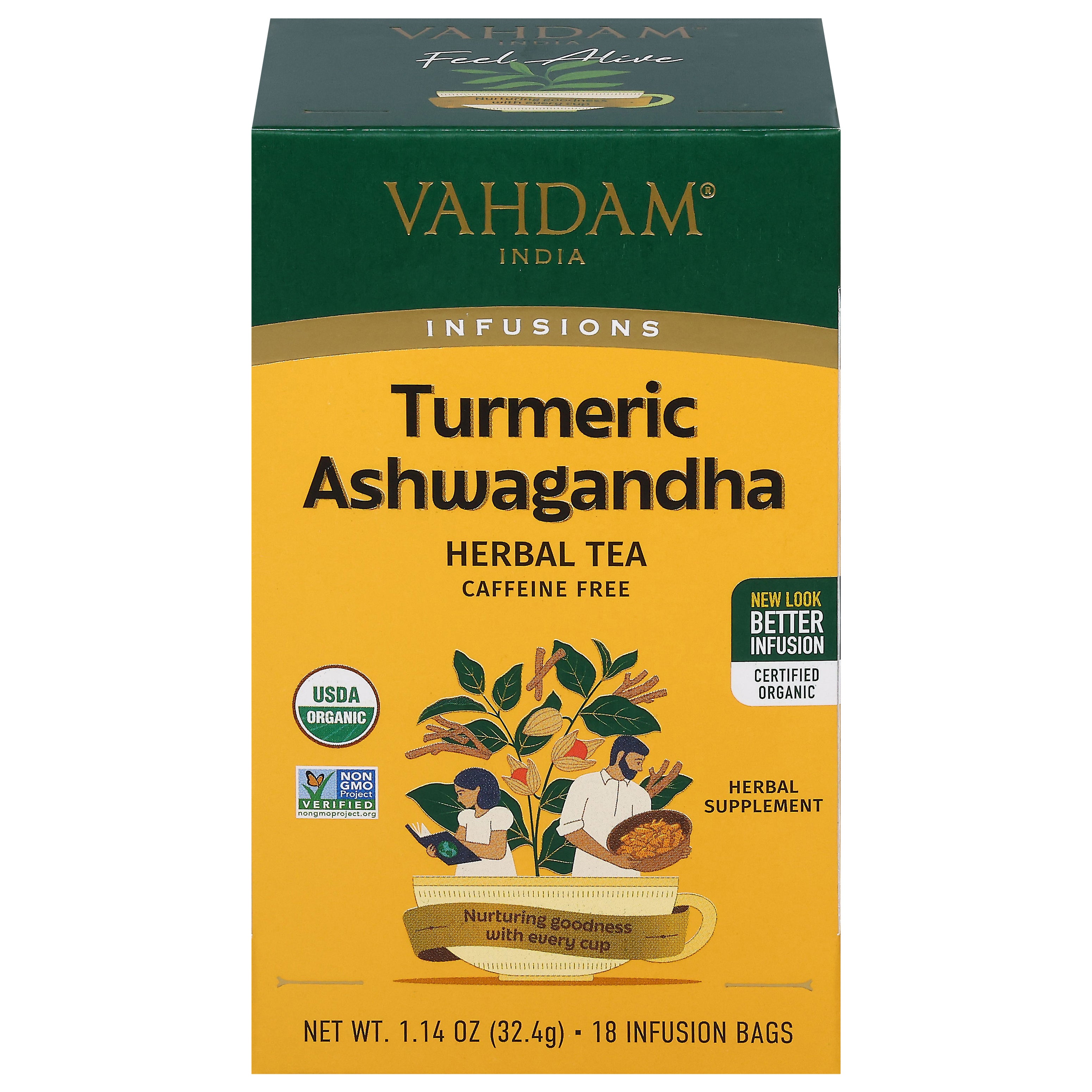 Vahdam Caffeine Free Infusions Turmeric Ashwagandha Herbal Tea 18 Infusion Bags - Case of 6