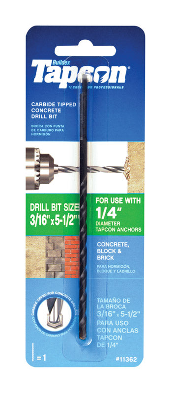 ITW BRANDS - Tapcon 3/16 in. X 5-1/2 in. L Carbide Tipped Concrete Drill Bit Straight Shank 1 pc