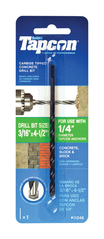 ITW BRANDS - Tapcon 3/16 in. X 4-1/2 in. L Carbide Tipped Concrete Drill Bit Straight Shank 1 pc