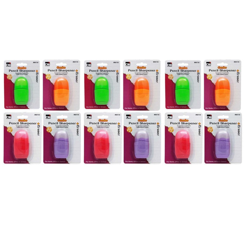 CHARLES LEONARD - Pencil Sharpener/Eraser Combo - 1 Hole with Eraser, Plastic, with Receptacle, Assorted Colors, Pack of 12