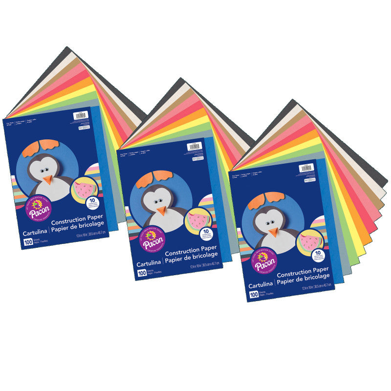 PRANG - Lightweight Construction Paper, 10 Assorted Colors, 12" x 18", 100 Sheets Per Pack, 3 Packs