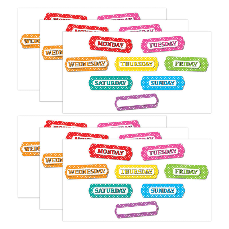 ASHLEY PRODUCTIONS - Magnetic Die-Cut Timesavers & Labels, Days of the Week, White Polka Dots On Assorted Colors, 8 Per Pack, 6 Packs