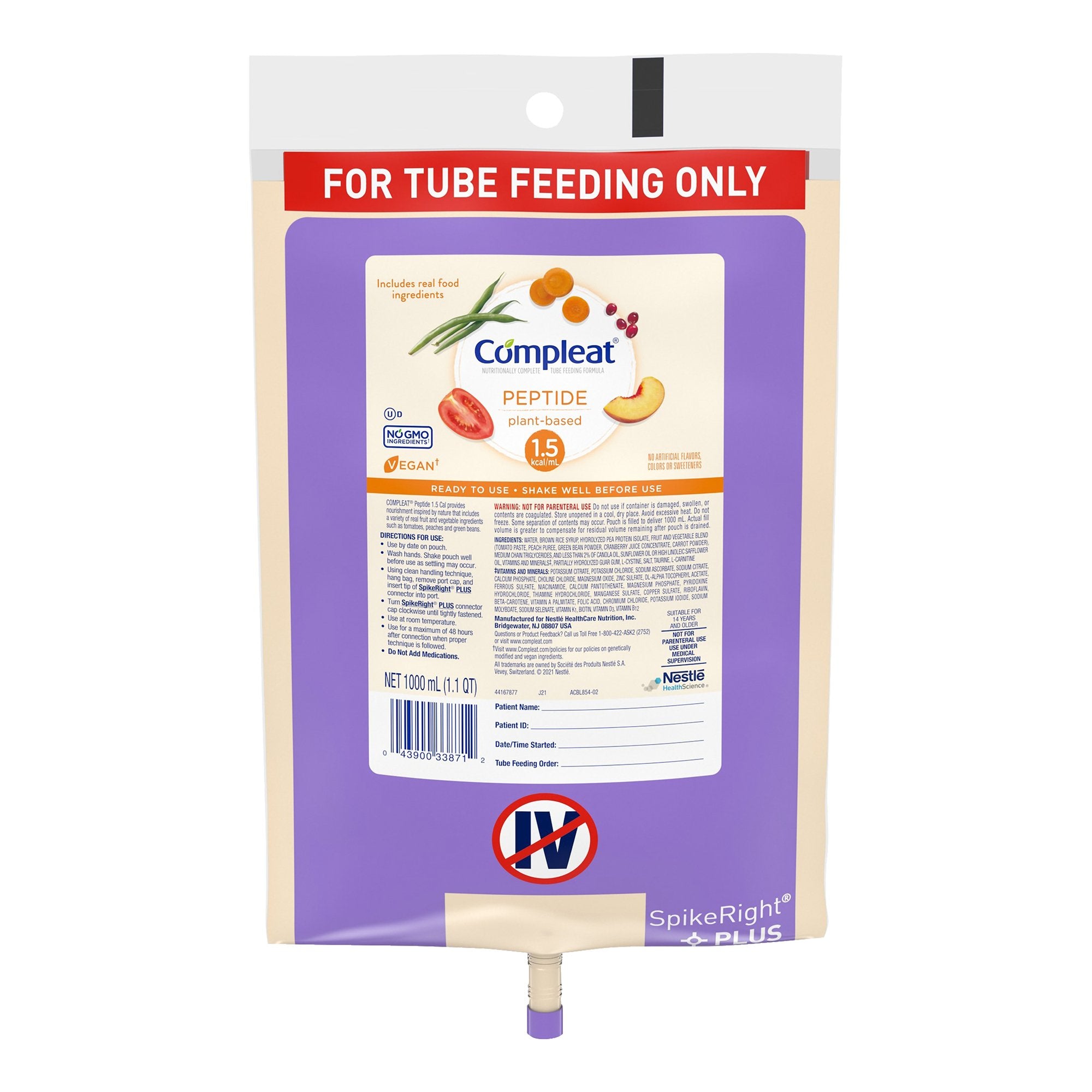 Nestle Healthcare Nutrition - Tube Feeding Formula Compleat® Peptide 1.5 Unflavored Liquid 1000 mL Ready to Hang Prefilled Container [1/EA]