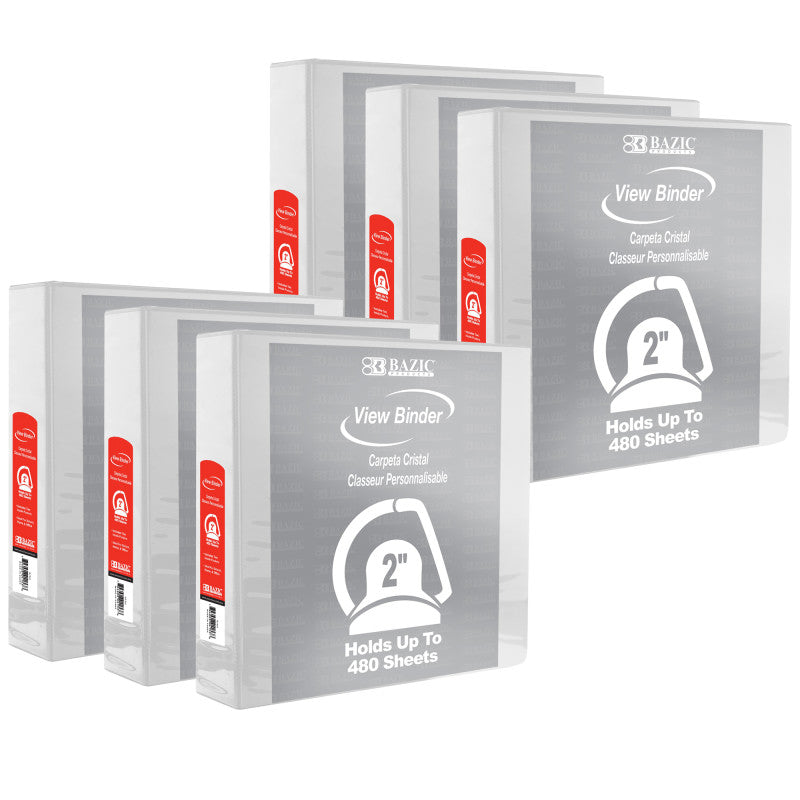 BAZIC PRODUCTS - Slant D Ring View Binder with 2 Pockets, 2", White, Pack of 6
