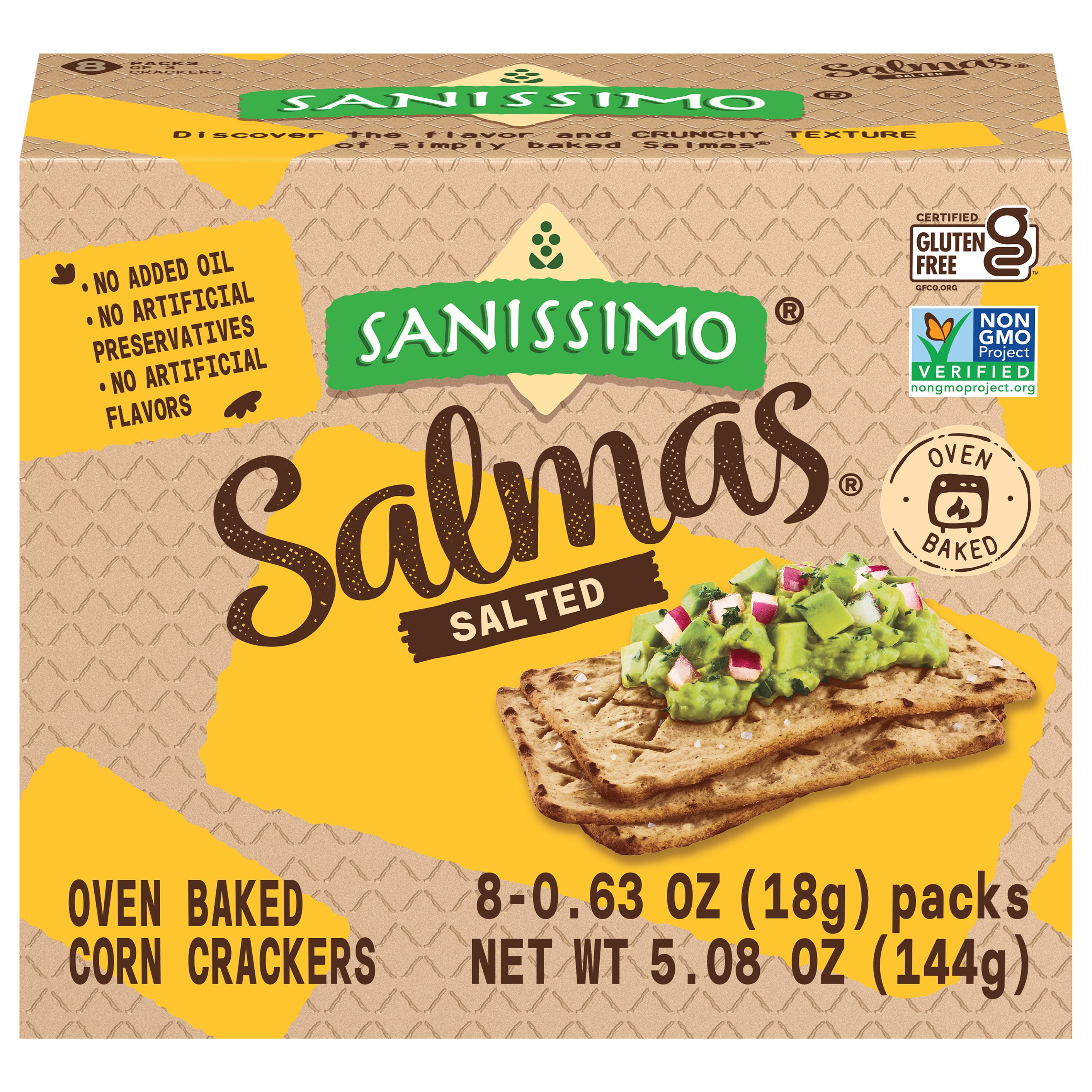 Sanissimo Salmas Oven Baked Salted Corn Crackers 8 - 0.68 oz Packages - Case of 14