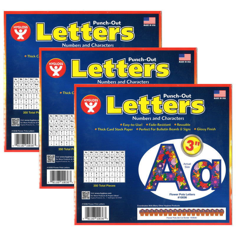 HYGLOSS - Flower Pots Punch-Out Letters, 350 Pieces Per Pack, 3 Packs