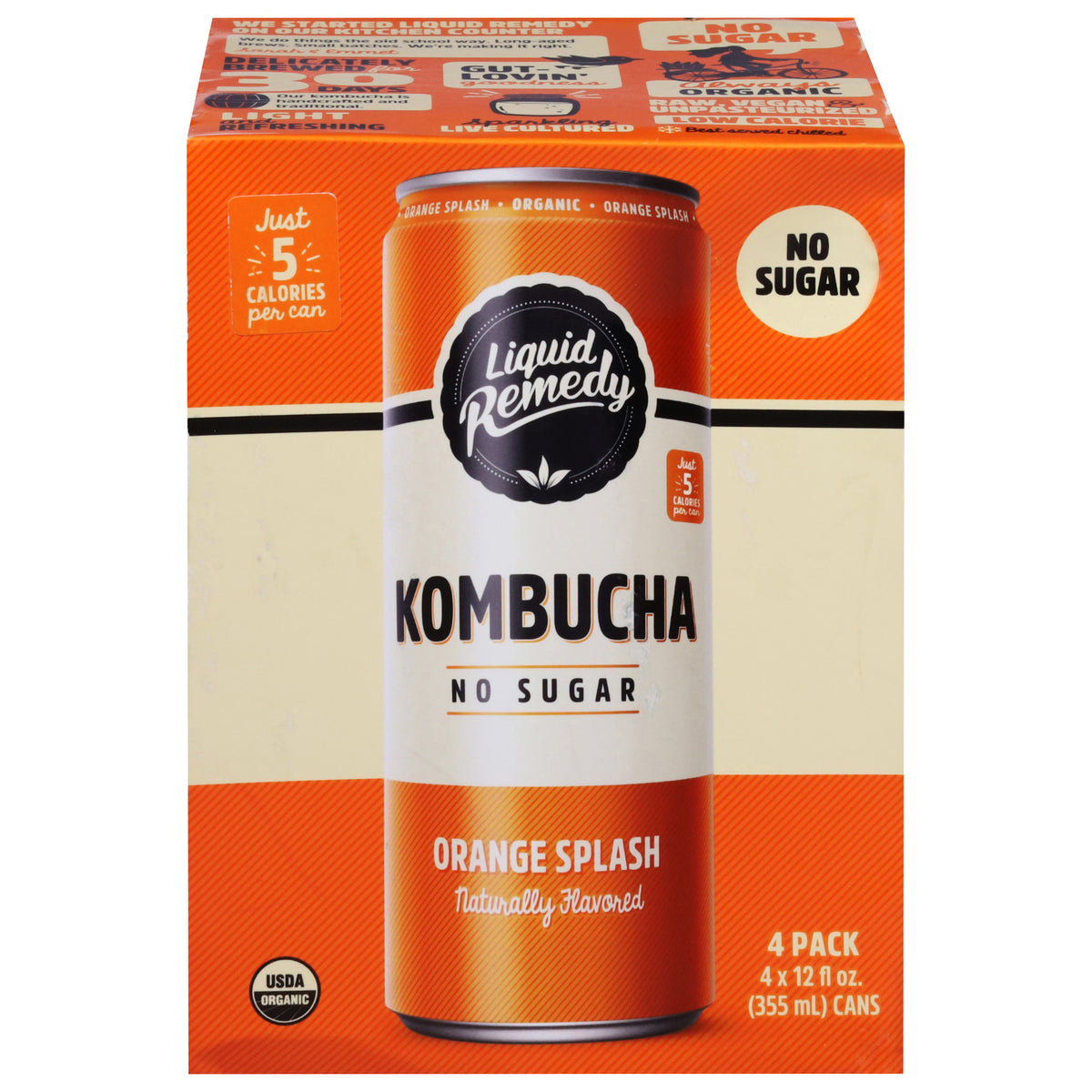 Liquid Remedy No Sugar Orange Splash Kombucha 4 - 12 fl oz Cans - Case of 6