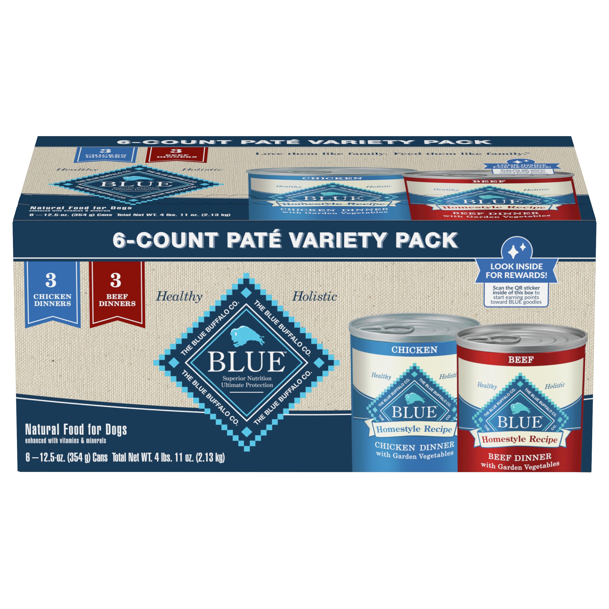 Blue Buffalo Homestyle Recipe Chicken & Beef Pate Wet Dog Food Variety Pack for Adult Dogs, Whole Grain, 12.5 oz. Cans (6 Pack) - Case of 1