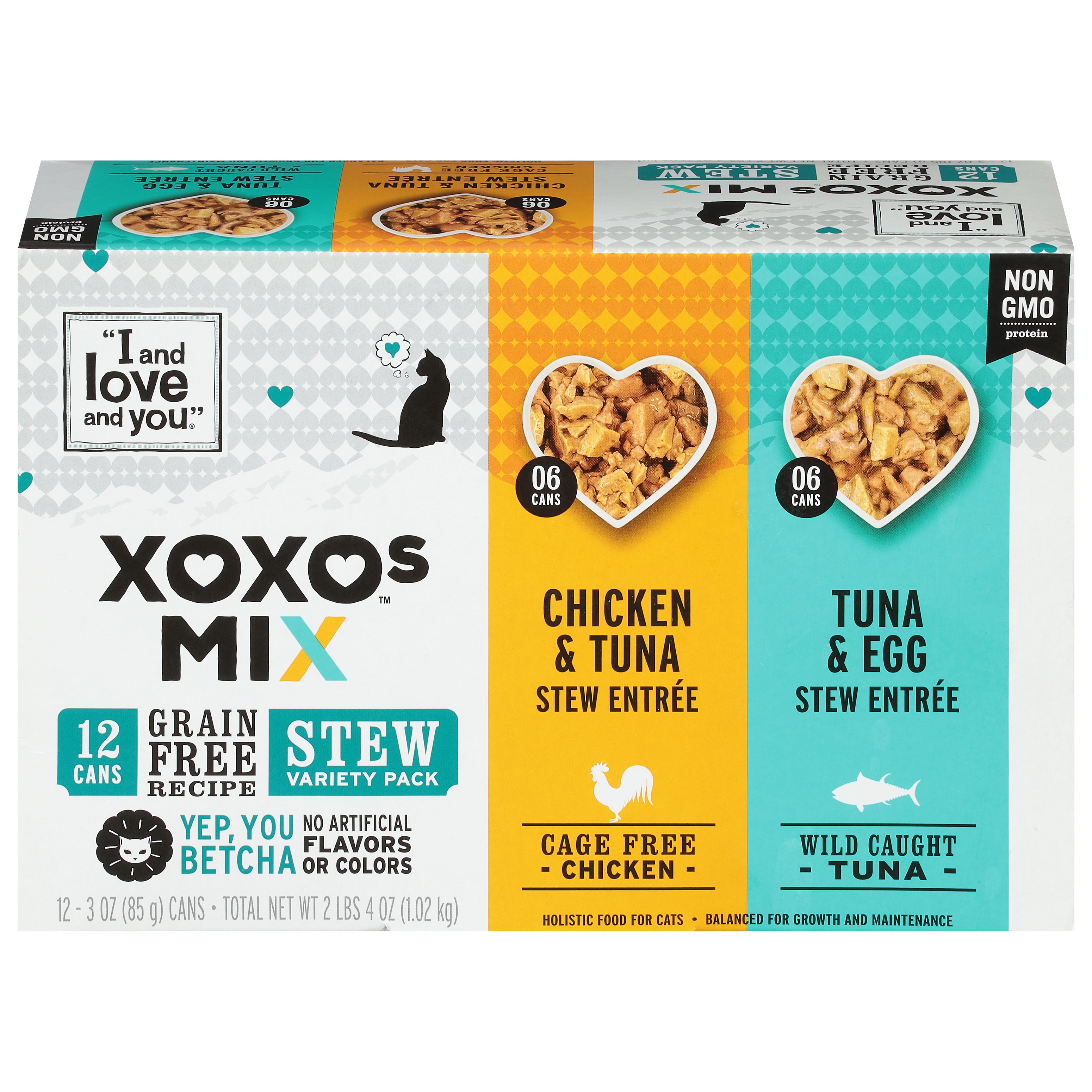 I and Love and You XOXOs Mix Grain Free Recipe Holistic Chicken & Tuna Stew Entree/Tuna & Egg Stew Entree Food for Cats Stew Variety Pack 12 - 3 oz Cans - Case of 2