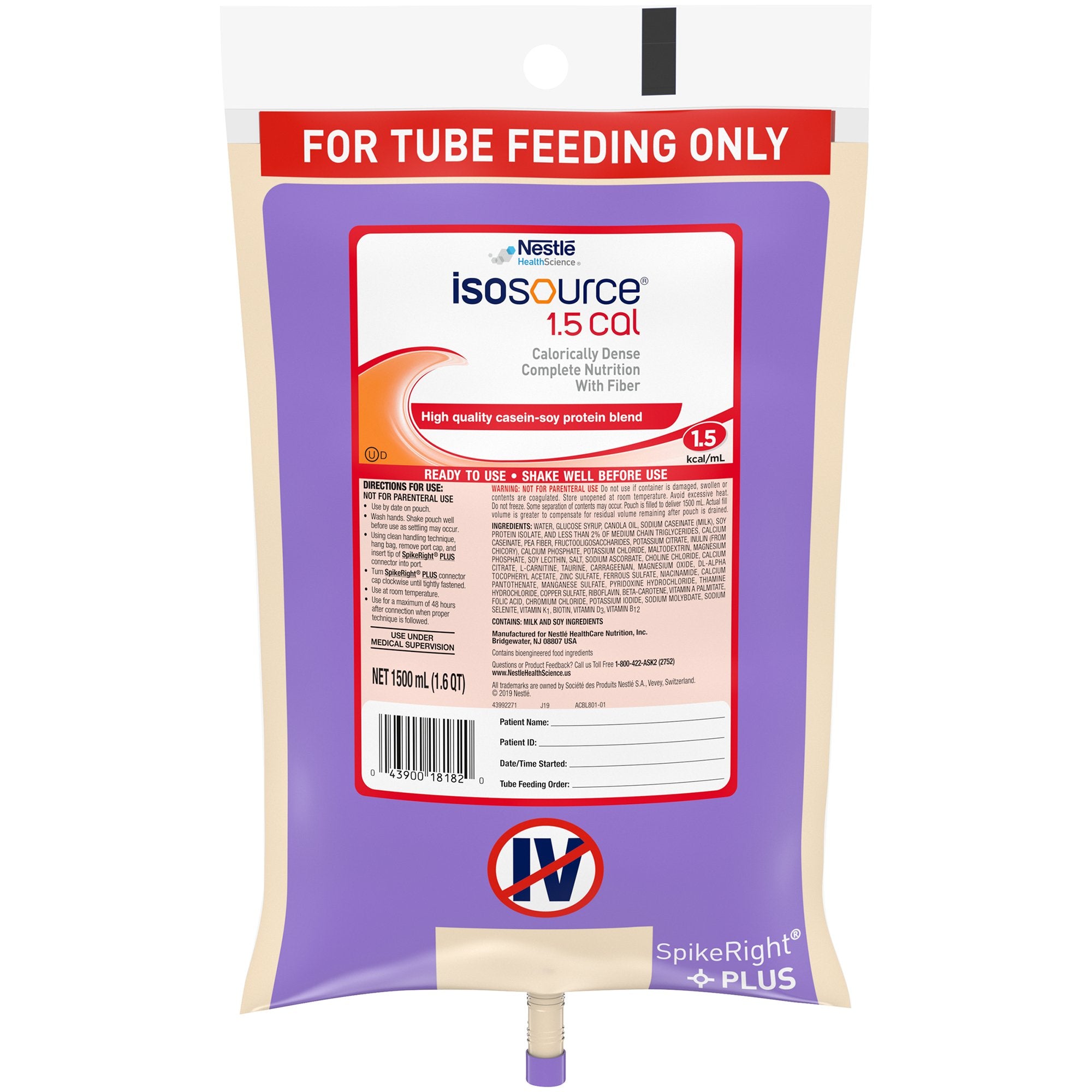 Nestle Healthcare Nutrition - Tube Feeding Formula Isosource® 1.5 Cal Unflavored Liquid 1500 mL Ready to Hang Prefilled Container [1/EA]