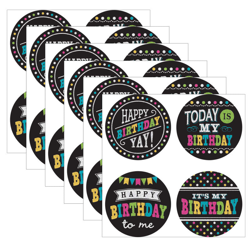 TEACHER CREATED RESOURCES - Chalkboard Brights Happy Birthday Wear 'Em Badges, 32 Per Pack, 6 Packs