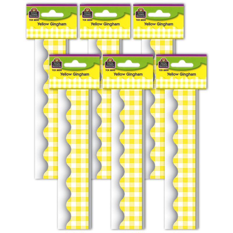 TEACHER CREATED RESOURCES - Yellow Gingham Scalloped Border Trim, 35 Feet Per Pack, 6 Packs