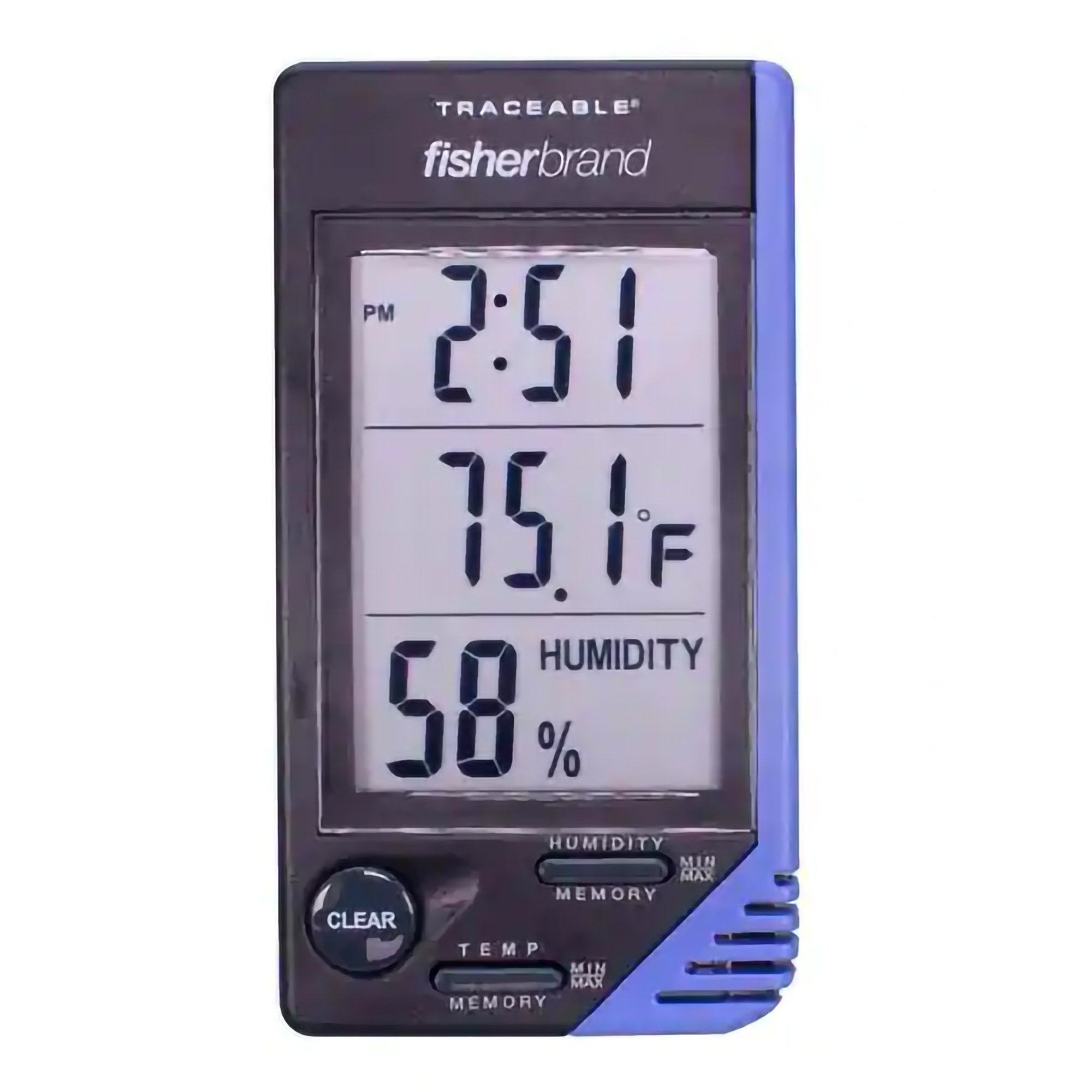 PANTek Technologies LLC - Thermometer / Clock / Humidity Monitor Fisherbrand™ Traceable® Fahrenheit / Celsius 32° to 122°F (0° to 50°C) Internal Sensor Flip-out Stand / Wall Mount Battery Operated [1/EA]