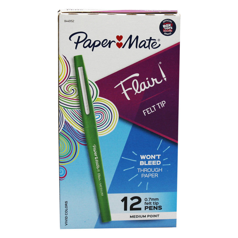 PAPER MATE - Flair Pens, Medium, Green, Box of 12