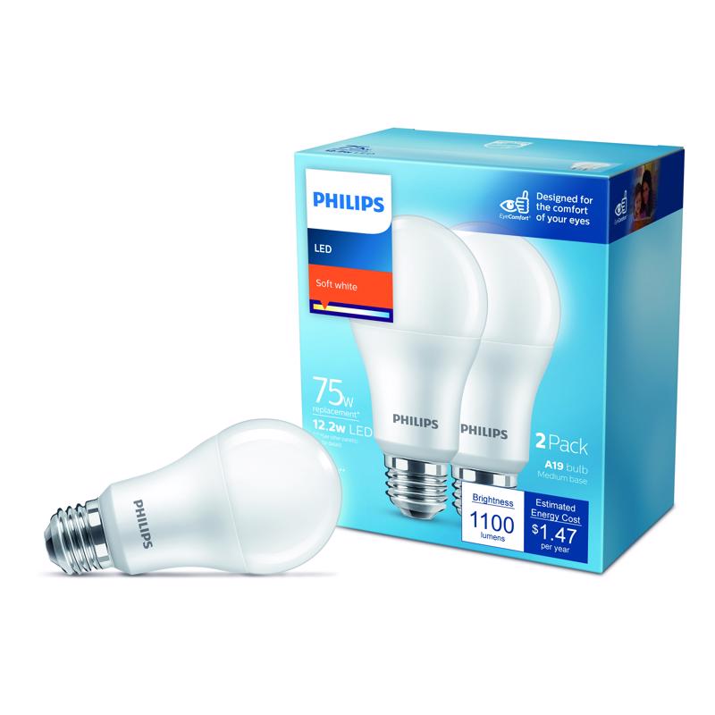 PHILIPS - Philips A19 E26 (Medium) LED Bulb Soft White 75 Watt Equivalence 2 pk