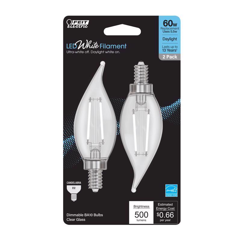 FEIT - Feit White Filament BA10 E12 (Candelabra) LED Flame Bulb Daylight 60 Watt Equivalence 2 pk