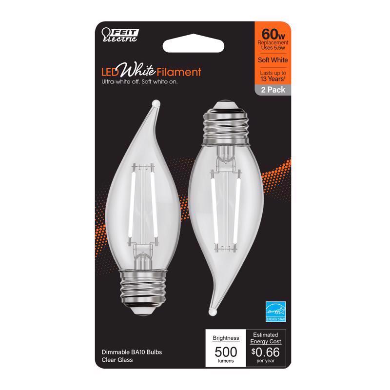 FEIT - Feit White Filament BA10 E26 (Medium) Filament LED Bulb Soft White 60 Watt Equivalence 2 pk