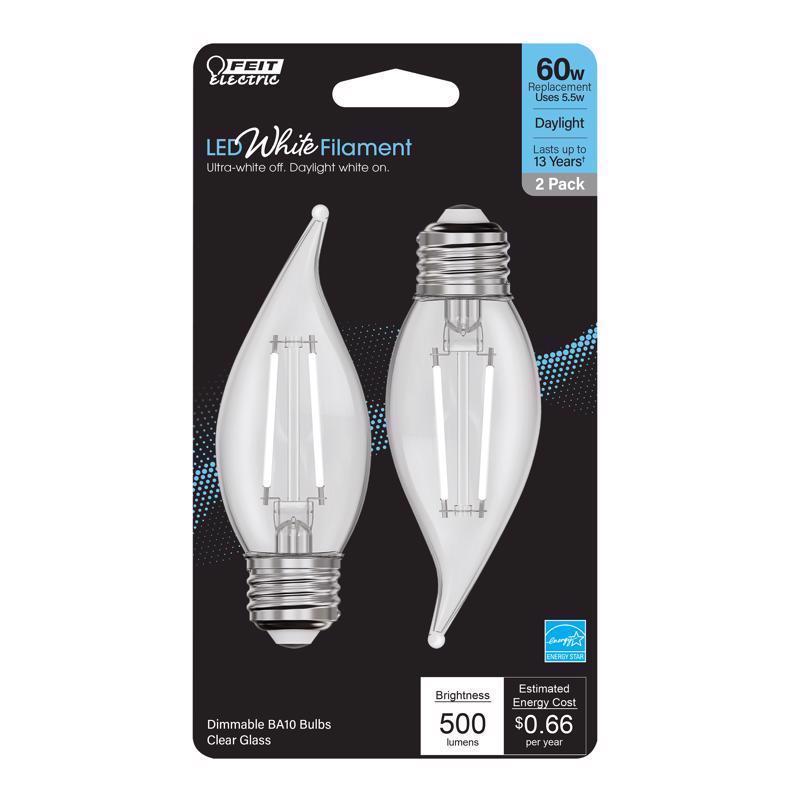 FEIT - Feit White Filament BA10 E26 (Medium) Filament LED Bulb Daylight 60 Watt Equivalence 2 pk