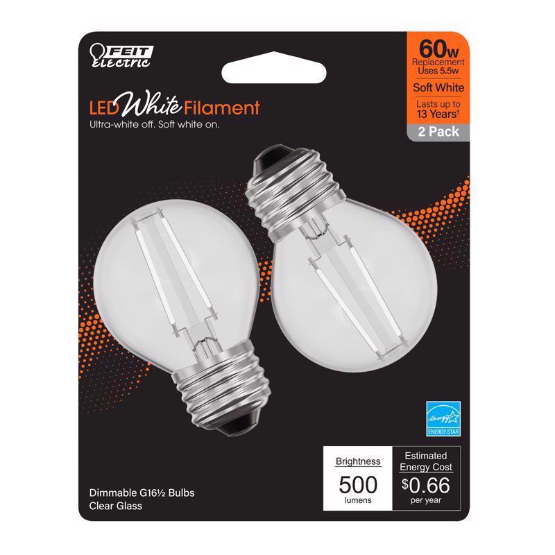 FEIT - Feit White Filament G16.5 E26 (Medium) Filament LED Bulb Soft White 60 Watt Equivalence 2 pk