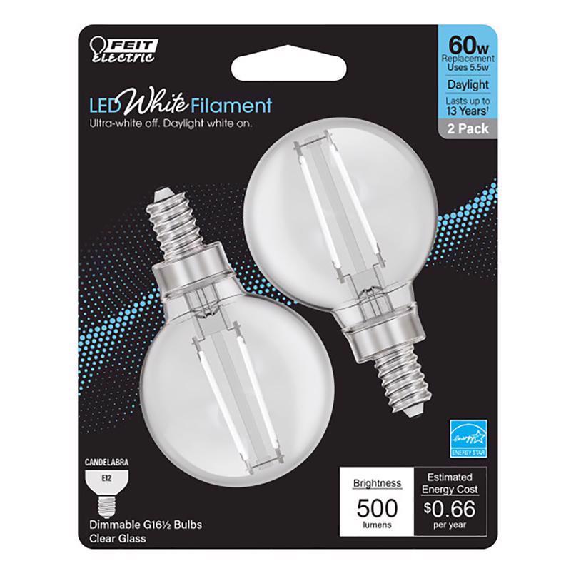 FEIT - Feit White Filament G16.5 E12 (Candelabra) Filament LED Bulb Daylight 60 Watt Equivalence 2 pk
