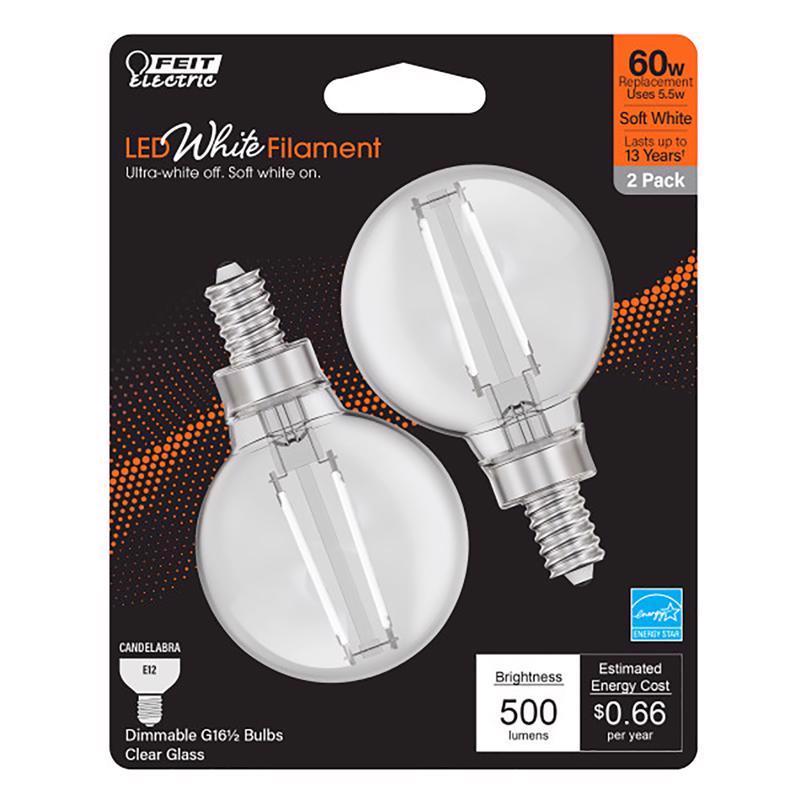 FEIT - Feit White Filament G16.5 E12 (Candelabra) Filament LED Bulb Soft White 60 Watt Equivalence 2 pk