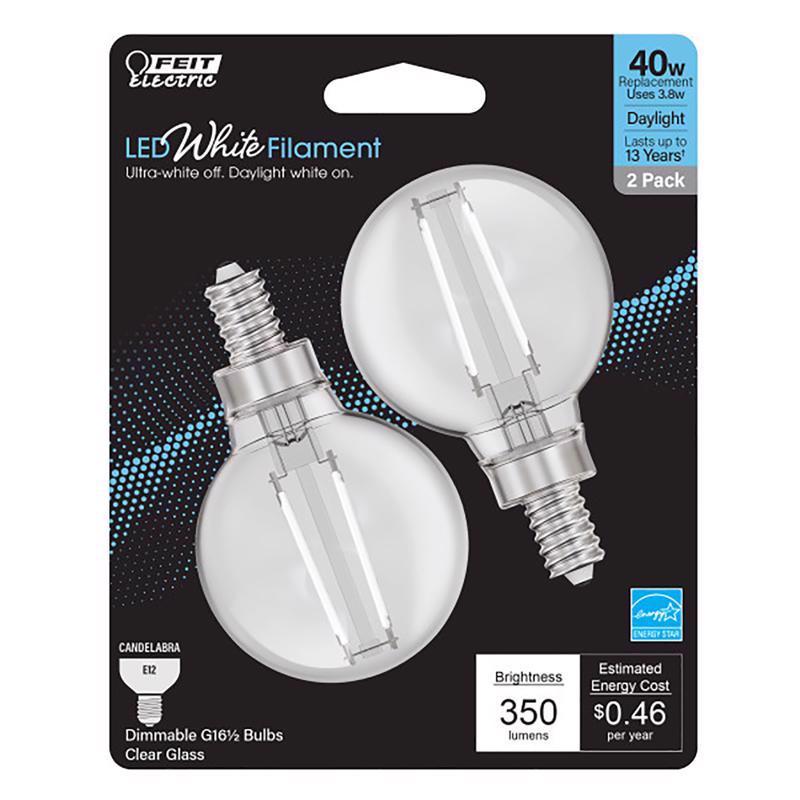 FEIT - Feit White Filament G16.5 E12 (Candelabra) Filament LED Bulb Daylight 40 Watt Equivalence 2 pk