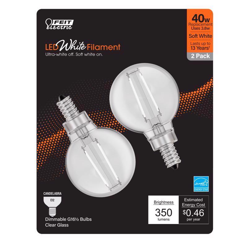 FEIT - Feit White Filament G16.5 E12 (Candelabra) Filament LED Bulb Soft White 40 Watt Equivalence 2 pk