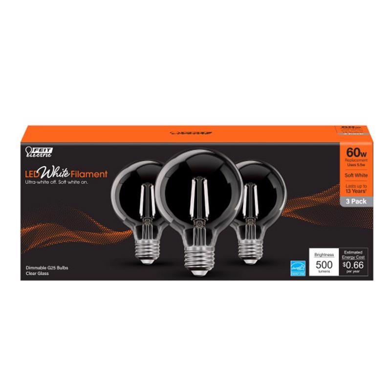 FEIT - Feit White Filament G25 E26 (Medium) Filament LED Bulb Soft White 60 Watt Equivalence 3 pk