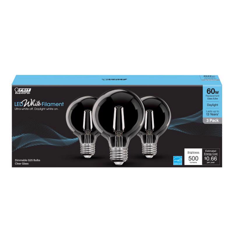 FEIT - Feit White Filament G25 E26 (Medium) Filament LED Bulb Daylight 60 Watt Equivalence 3 pk