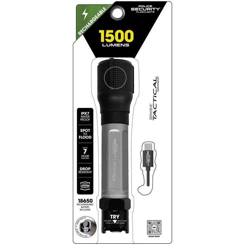 POLICE SECURITY - Police Security Zephyr-R Tactical 1500 lm Black/Gray LED Flashlight 18650 Battery
