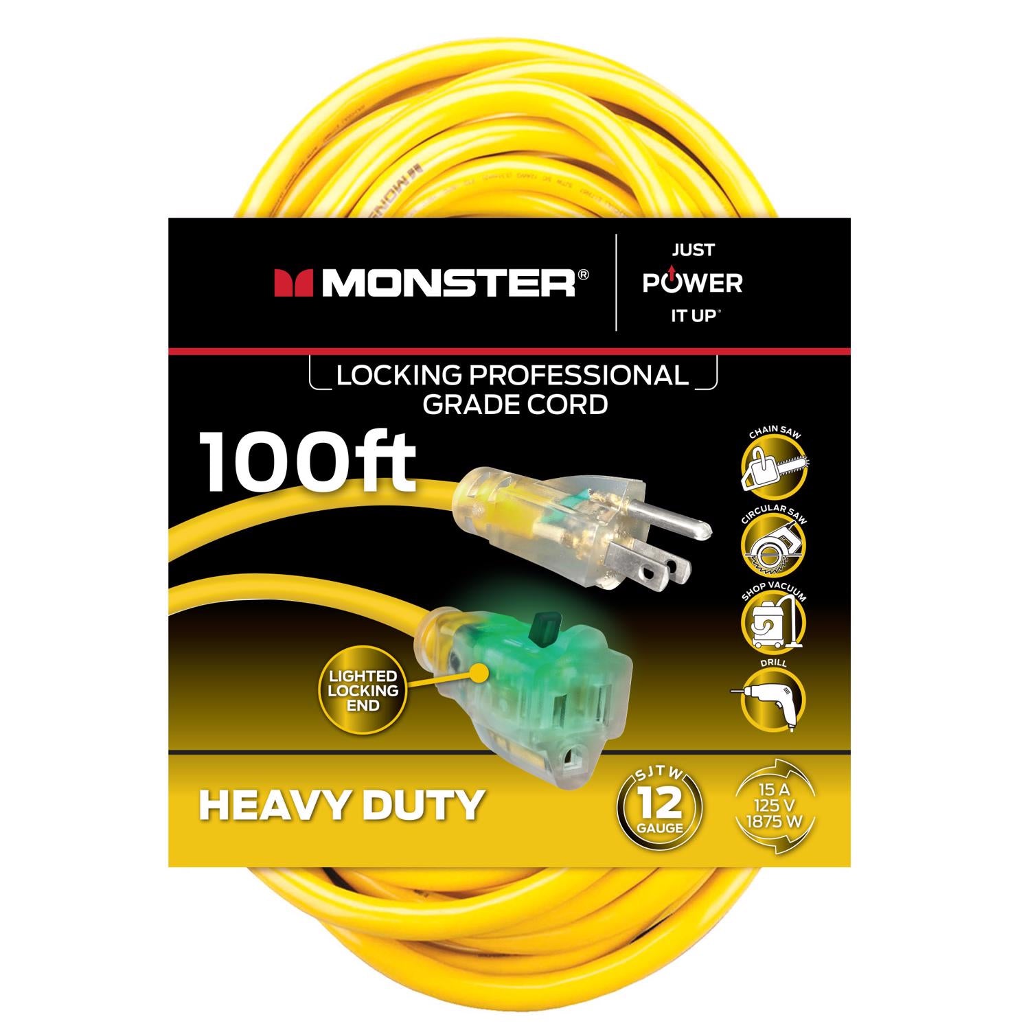 Monster Just Power It Up Outdoor 100 ft. L Yellow Extension Cord 12/3 SJTW