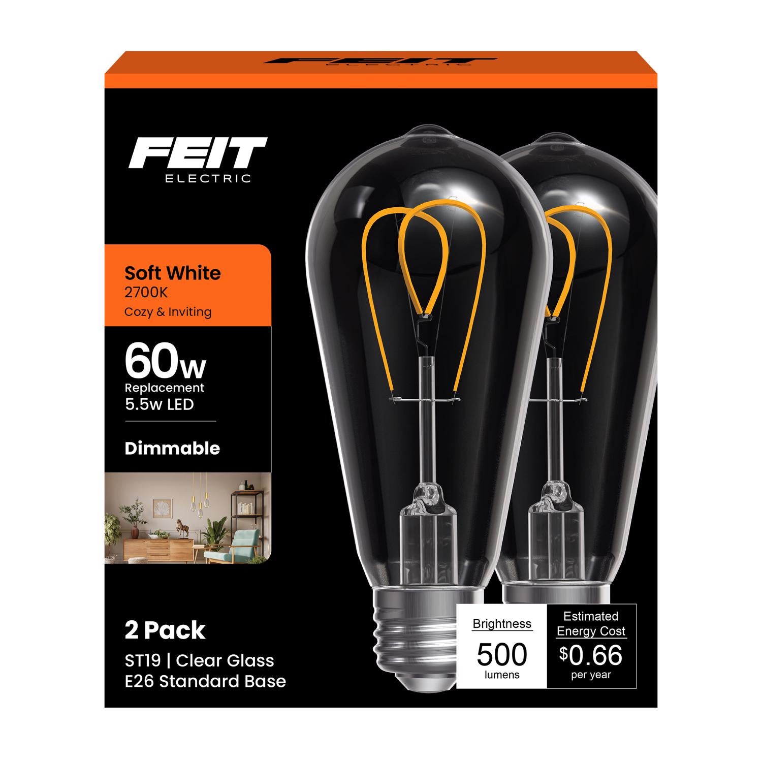 Feit ST19 E26 (Medium) Filament LED Bulb Soft White 60 Watt Equivalence 1 pk