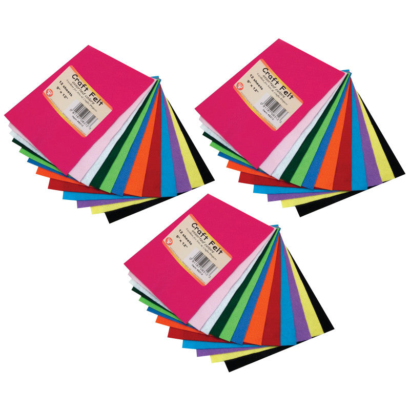 HYGLOSS - Craft Felt, 9" x 12", 12 Sheets Per Pack, 3 Packs