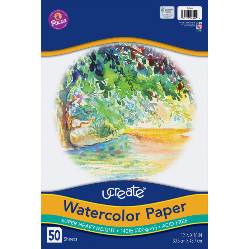 UCREATE - Watercolor Paper, White, 140 lb., 12" x 18", 50 Sheets