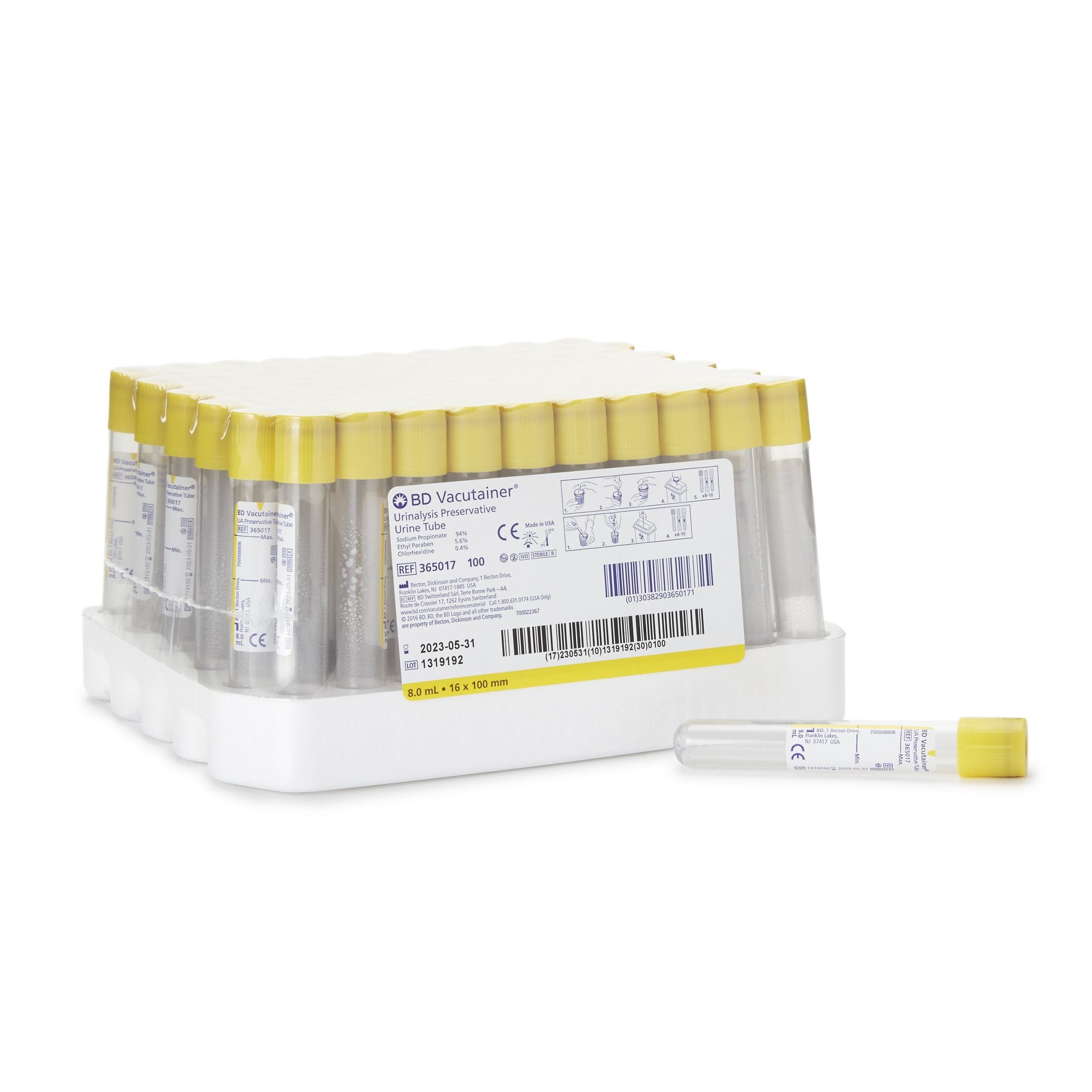 BD - BD Vacutainer® Urinalysis Tube Chlorhexidine / Ethyl Paraben / Sodium Propionate Additive 8 mL BD Hemogard™ Closure Polyethylene Terephthalate (PET) Tube [100/PK]