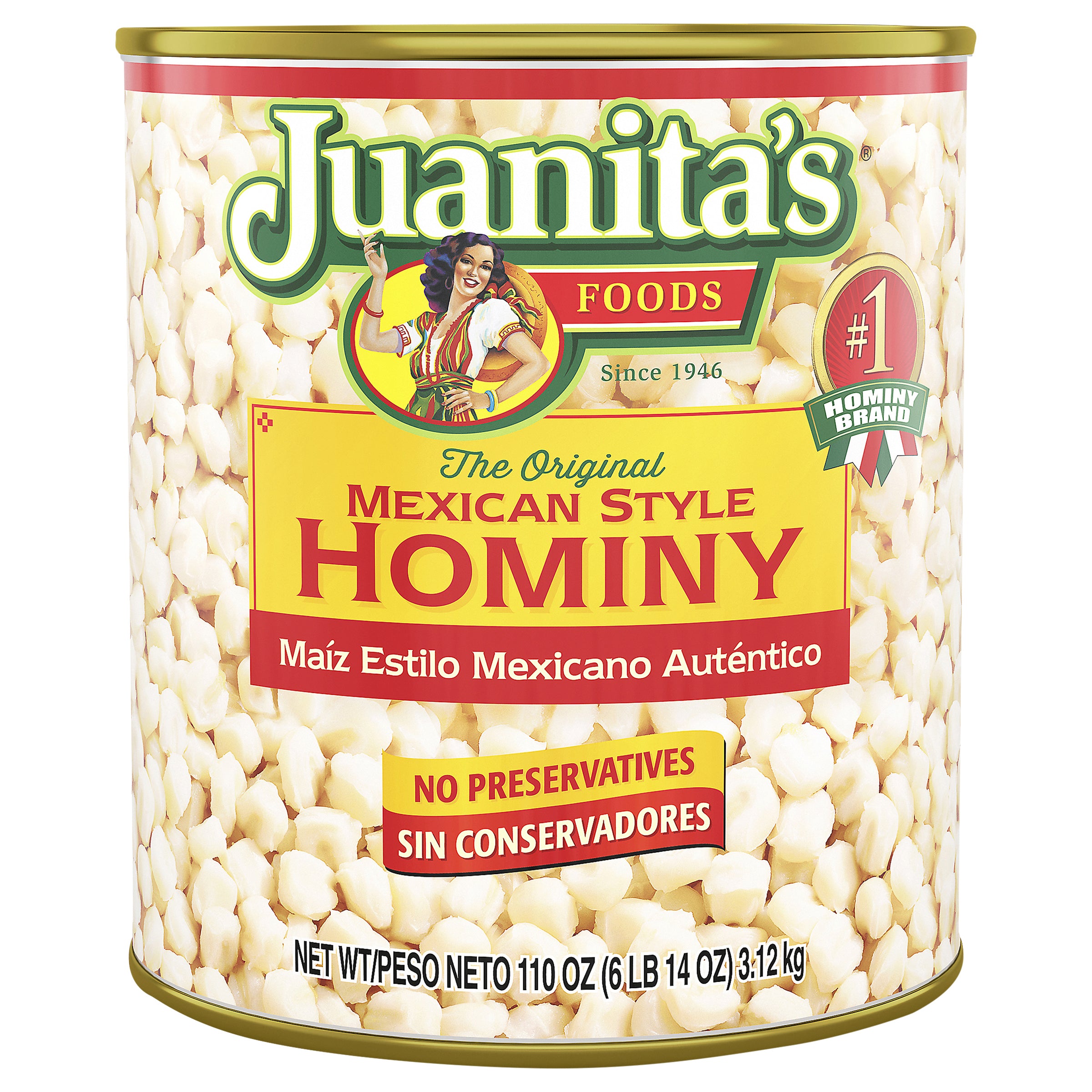 Juanita's Foods Mexican Style Hominy, Canned Hominy, 110 oz - Case of 6