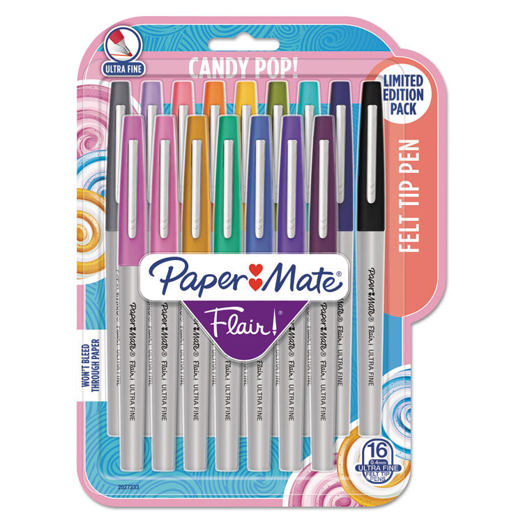 Paper Mate - Flair Felt Tip Porous Point Pen, Stick, Extra-Fine 0.4 mm, Assorted Ink Colors, Gray Barrel, 16/Pack