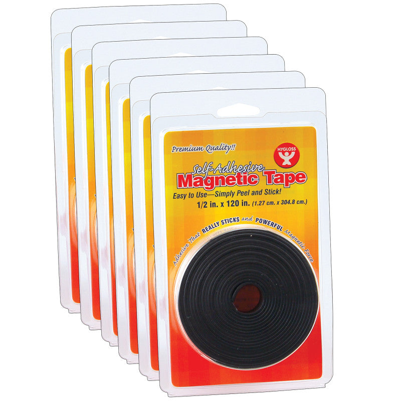 HYGLOSS - Self-Adhesive Magnetic Tape Roll, 1/2" x 120", Pack of 6