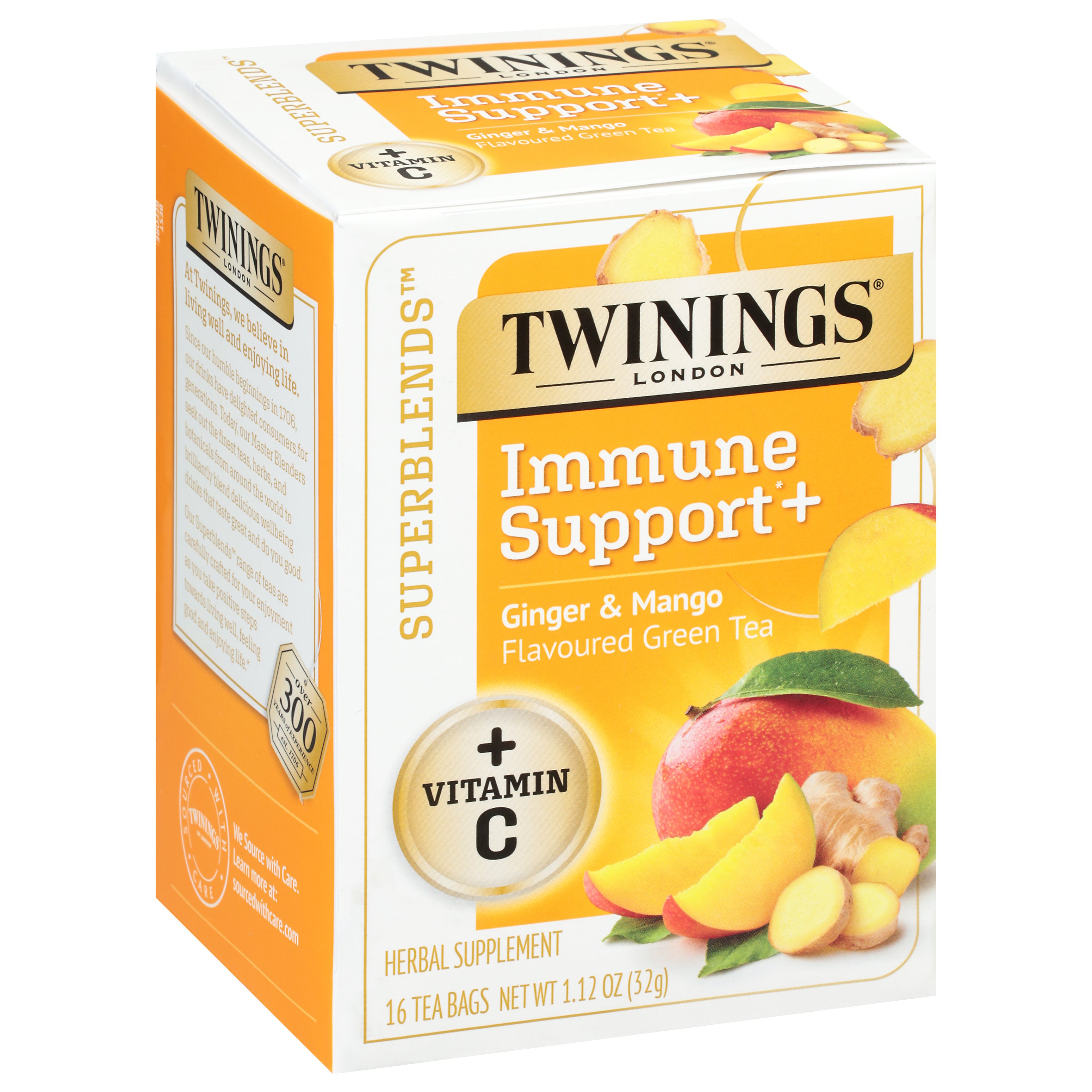 Twinings Superblends Immune Support + Ginger & Mango Flavoured Green Tea 16 Tea Bags - Case of 6