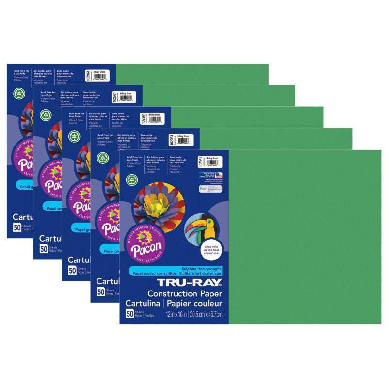 TRU-RAY - Construction Paper, Holiday Green, 12" x 18", 50 Sheets Per Pack, 5 Packs (PAC102961-5)
