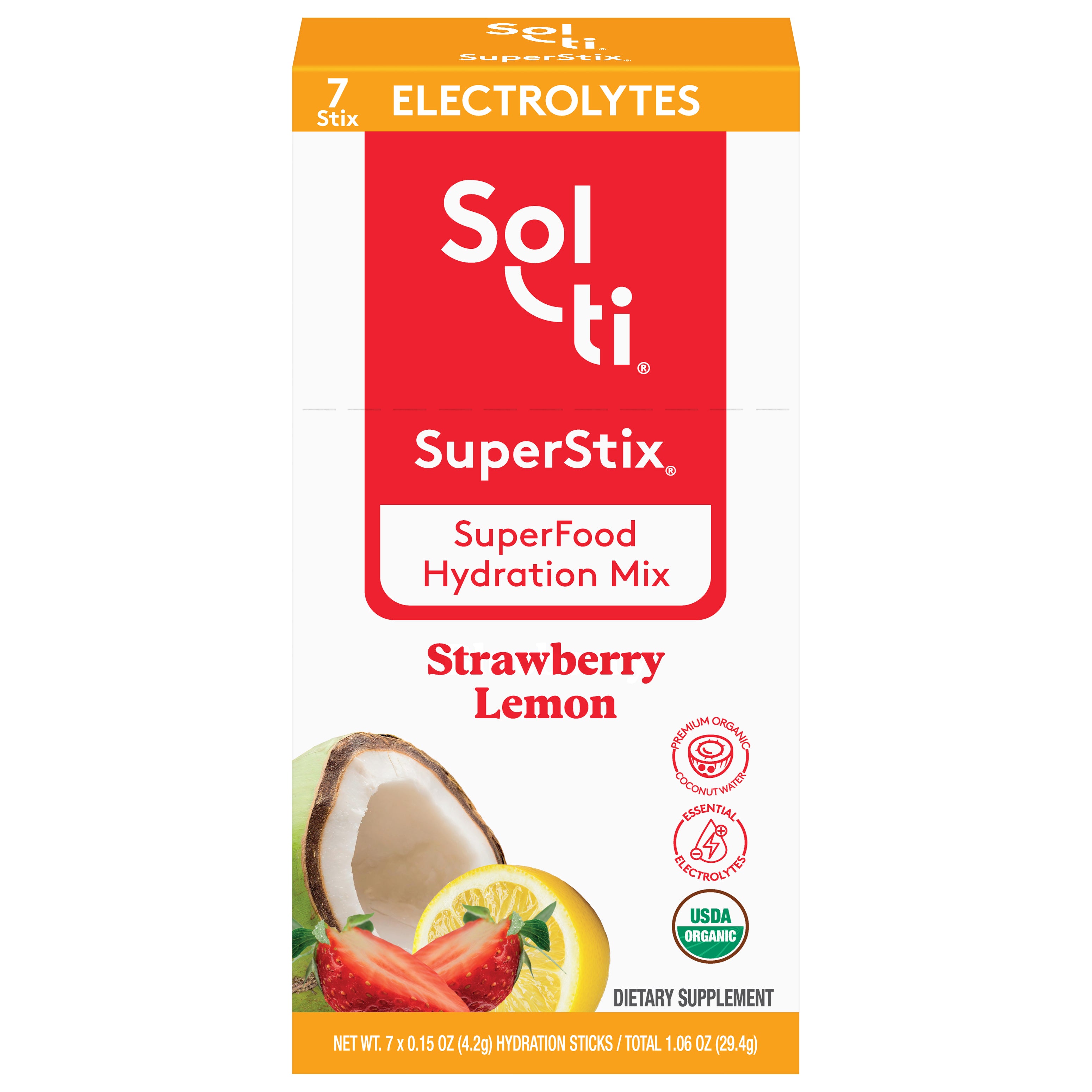 Sol-Ti SuperStix Electrolytes Strawberry Lemon Superfood Hydration Mix 7 - 0.15 oz Sticks - Case of 1