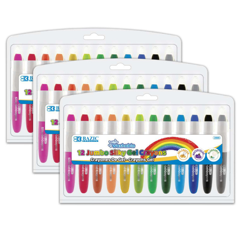 BAZIC PRODUCTS - Washable Jumbo Silky Gel Crayons, 12 Per Pack, 3 Packs