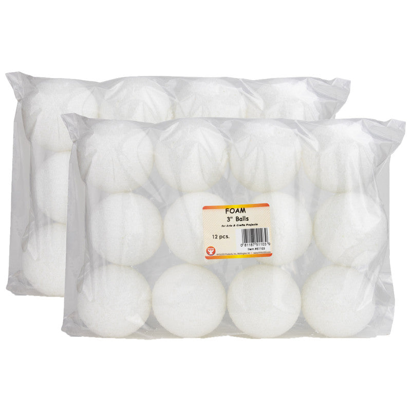 HYGLOSS - Craft Foam Balls, 3 Inch, White, 12 Per Pack, 2 Packs