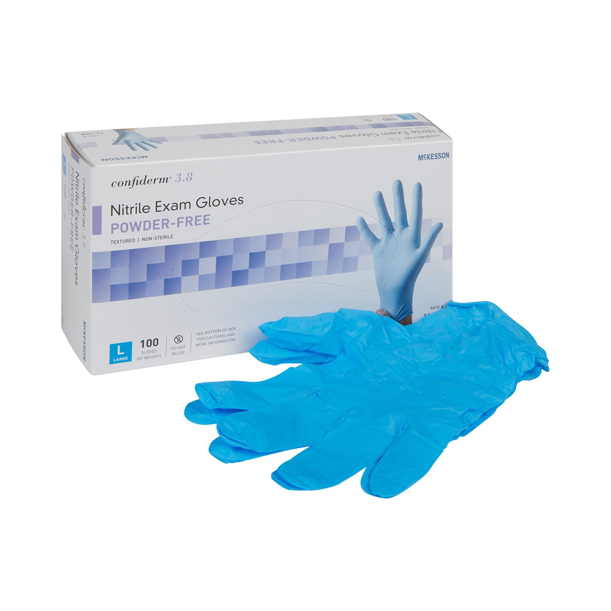 McKesson Brand - Exam Glove McKesson Confiderm® 3.8 Large NonSterile Nitrile Standard Cuff Length Textured Fingertips Blue Not Rated [100/BX]