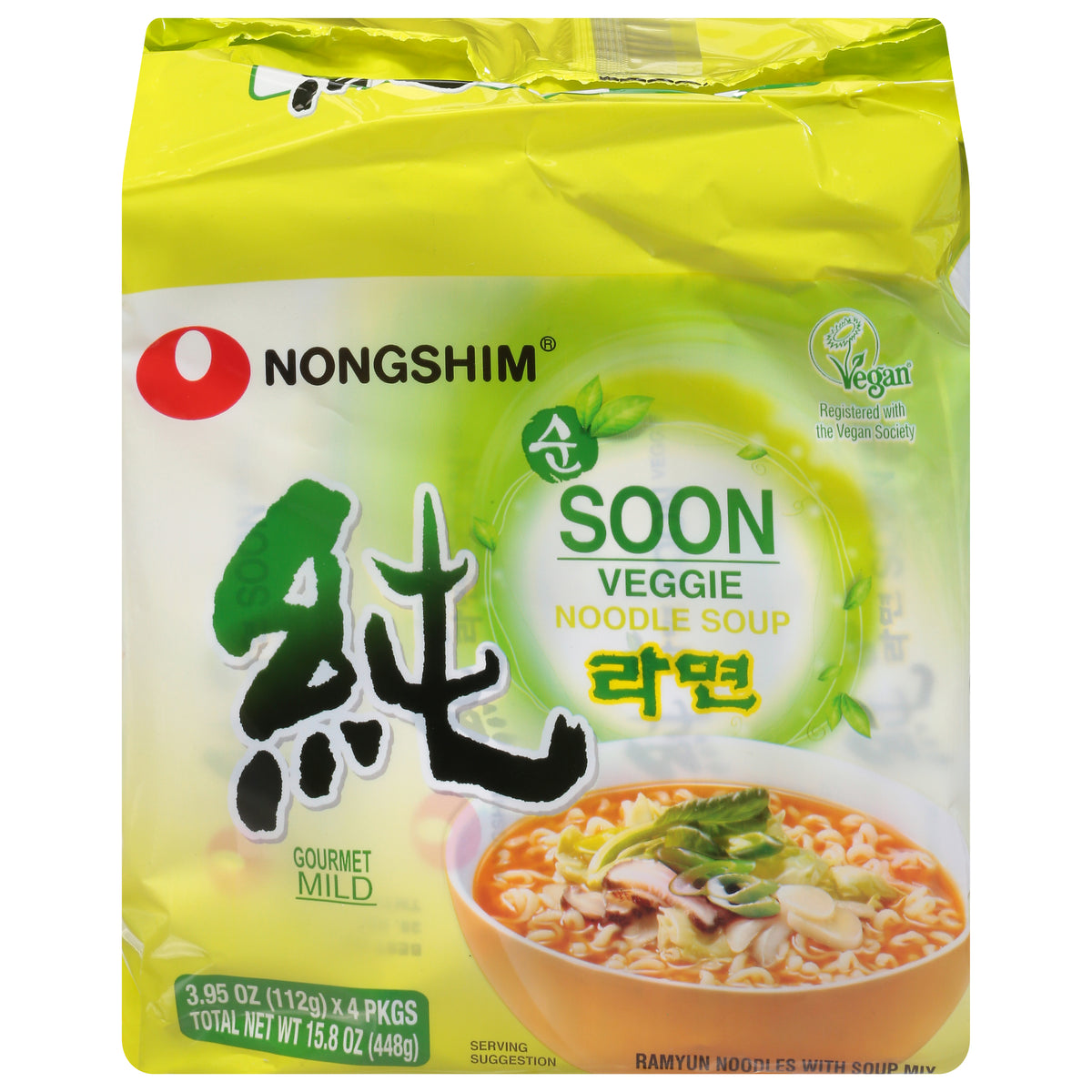 Nongshim Family Pack Gourmet Mild Soon Veggie Noodle Soup 4 - 3.95 oz Each - Case of 8