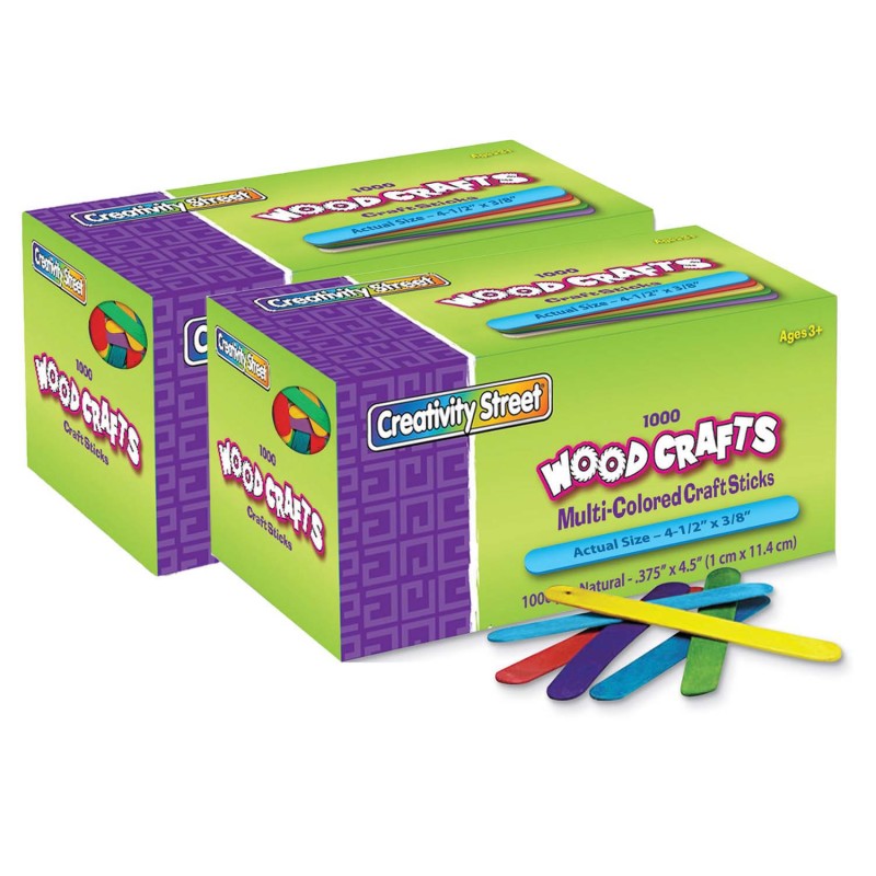 CREATIVITY STREET - Regular Craft Sticks, Bright Hues Assorted, 4-1/2" x 3/8", 1000 Per Pack, 2 Packs
