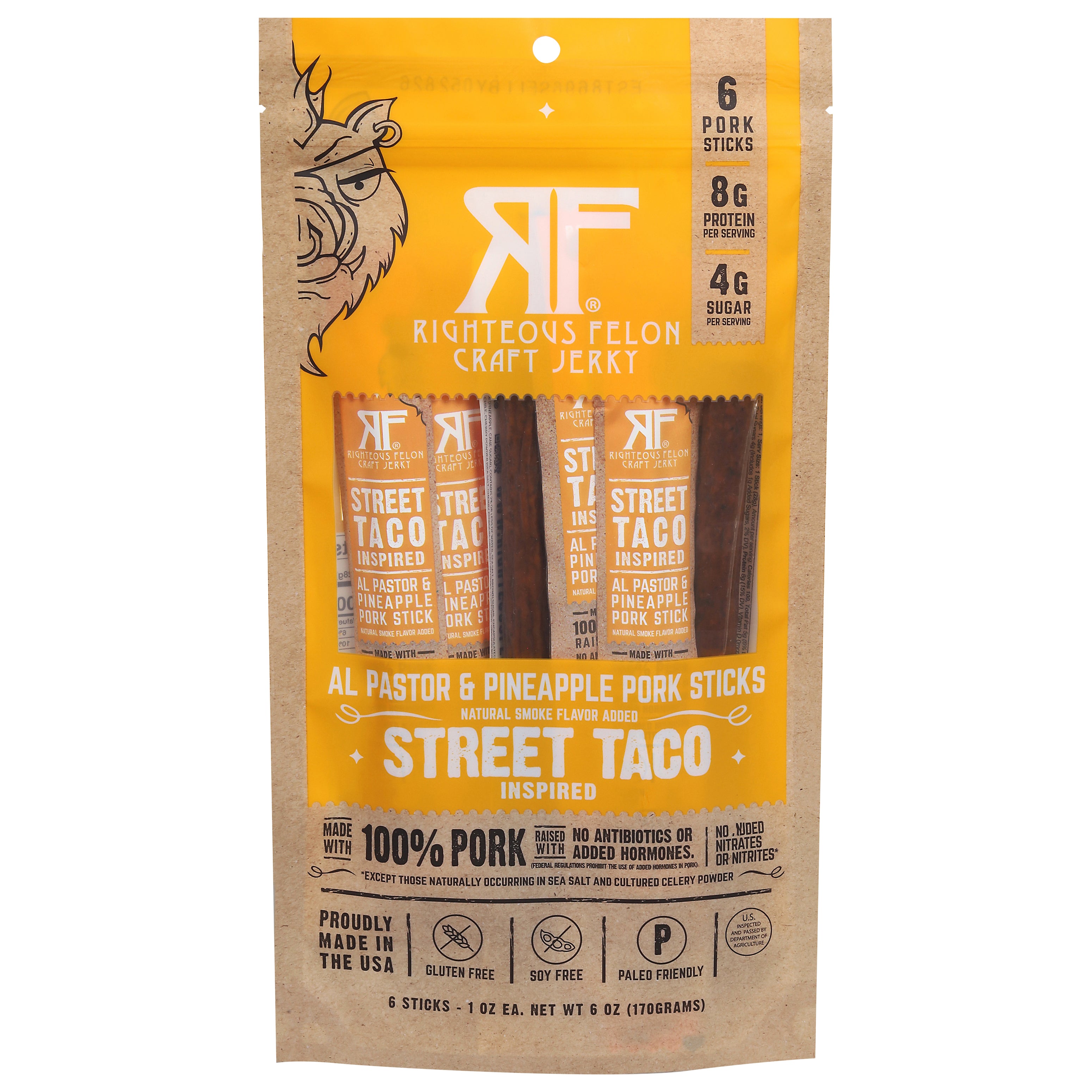 Righteous Felon Al Pastor & Pineapple Street Taco Inspired Pork Sticks 6 - 1 oz Sticks - Case of 8