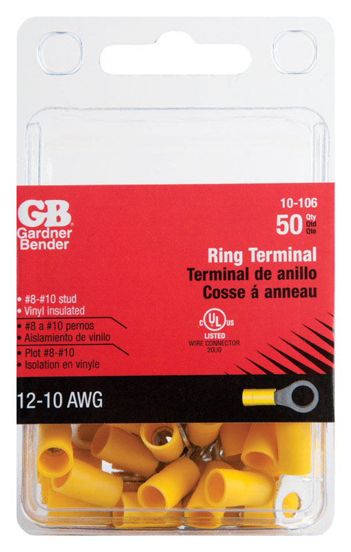 GARDNER BENDER - Gardner Bender 12-10 Ga. Insulated Wire Ring Terminal Yellow 50 pk [10-106]